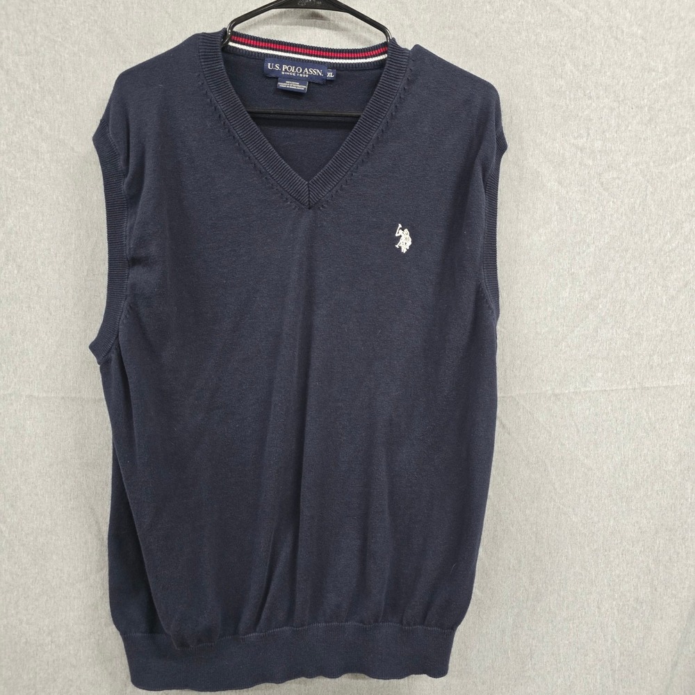 US Polo Assn Mens XL Navy Blue V-Neck 100% Cotton Knit Sweater Vest Logo Preppy